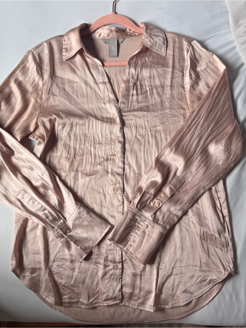 H&M Satin Button-Down Shirt in Pale Pink